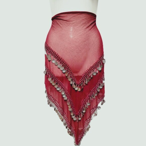 Burgundy Red Maroon Hip Scarf 3 Cascading Rows of Silver Coins Sheer Wrap Skirt - Picture 1 of 5